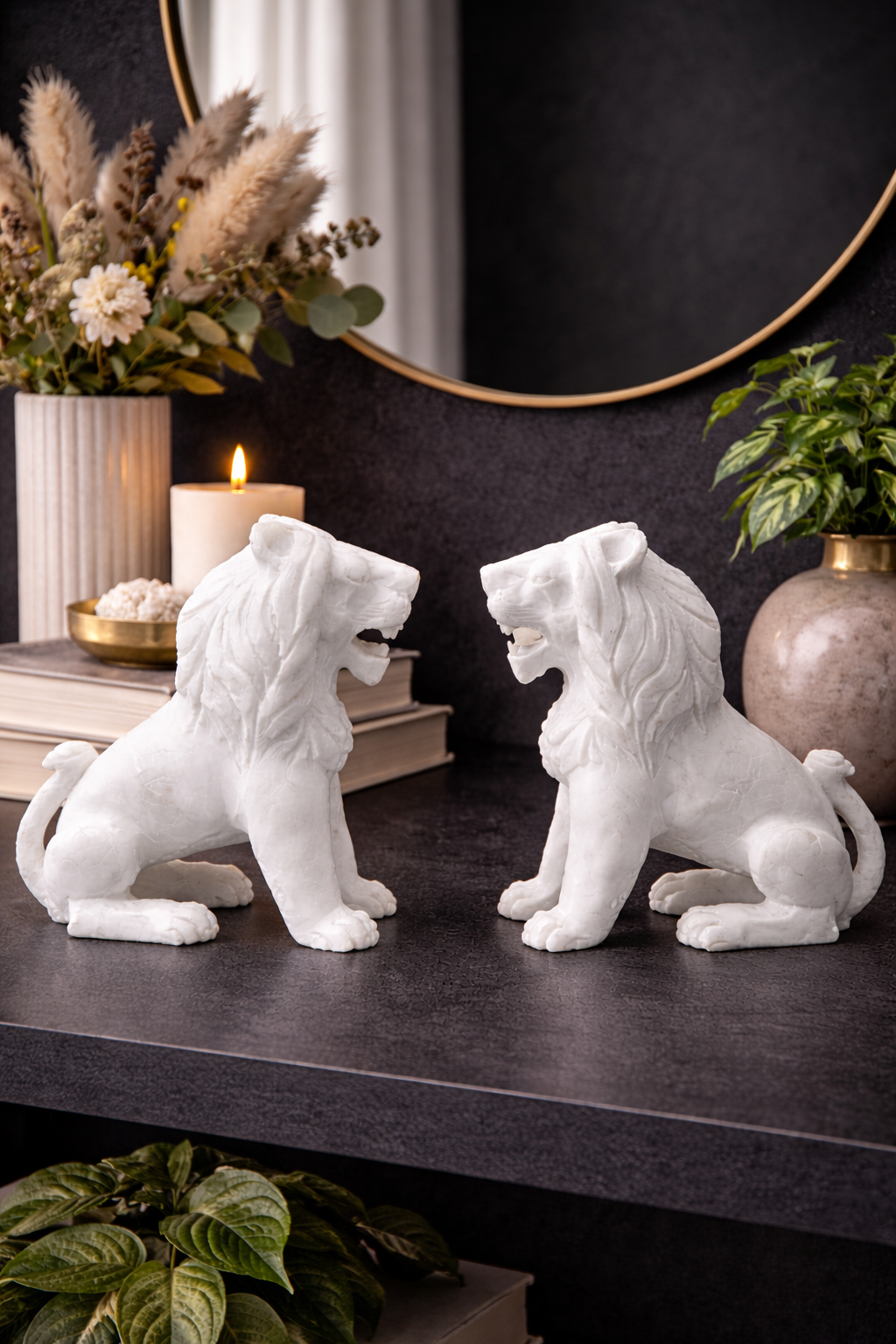 Marble sitting lion sculpture pair mantel décor with candle arrangement and mirror