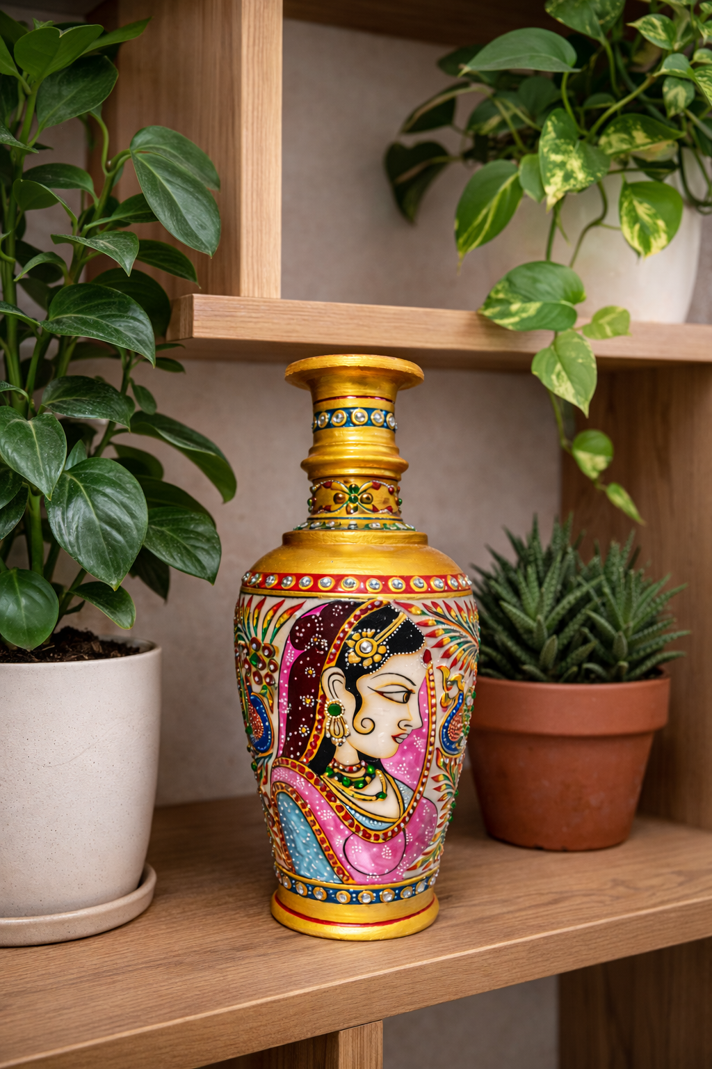 Hand-painted decorative vase on a wooden shelf with indoor plants