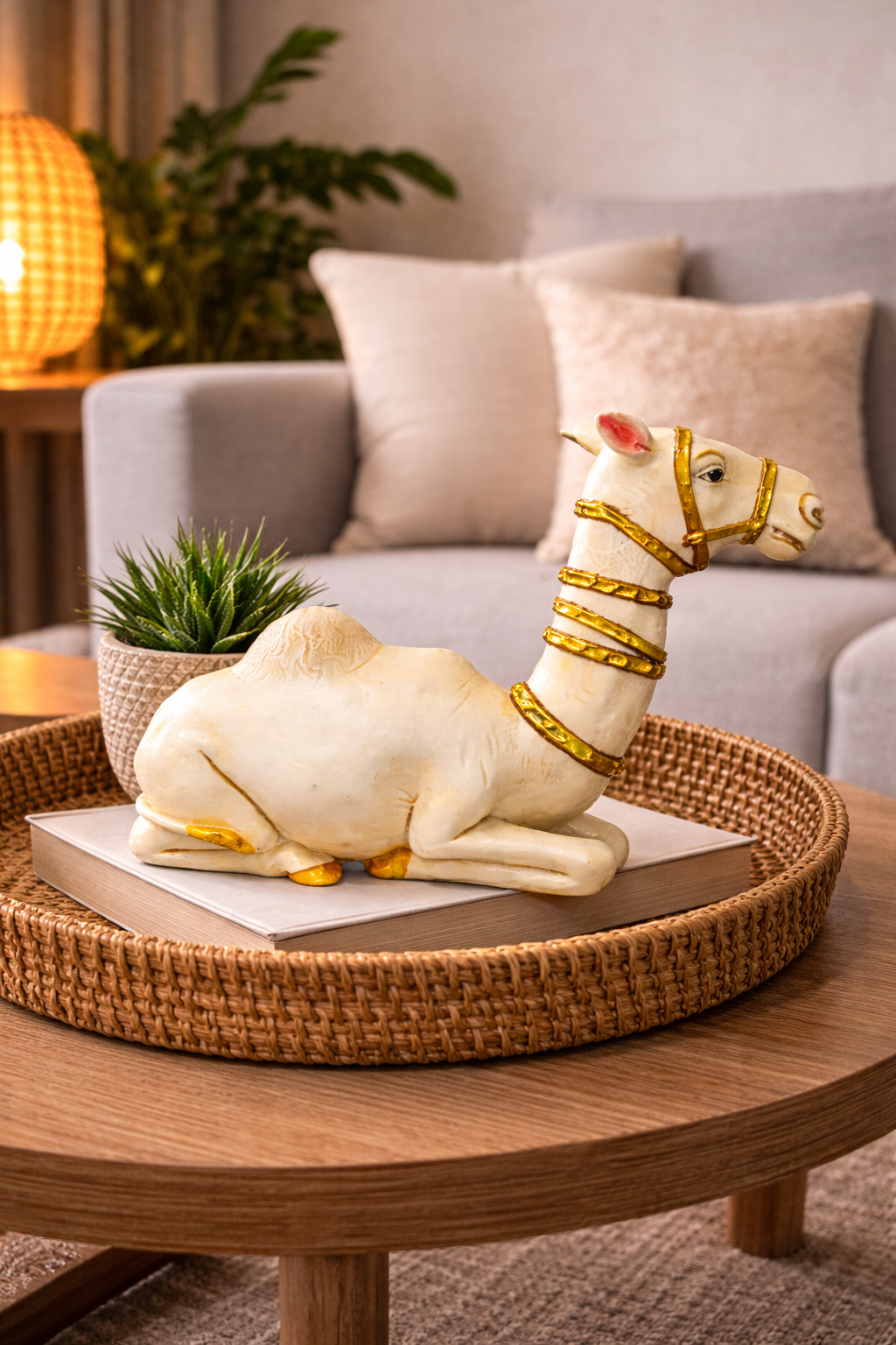 White camel figurine with gold accents on a woven tray on a wooden coffee table
