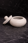 Handcrafted white marble bowl with lid on neutral surface, small natural stone storage container NZ