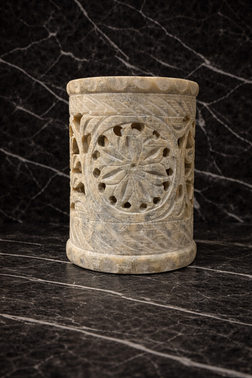 Hand-carved floral soapstone decorative stand NZ