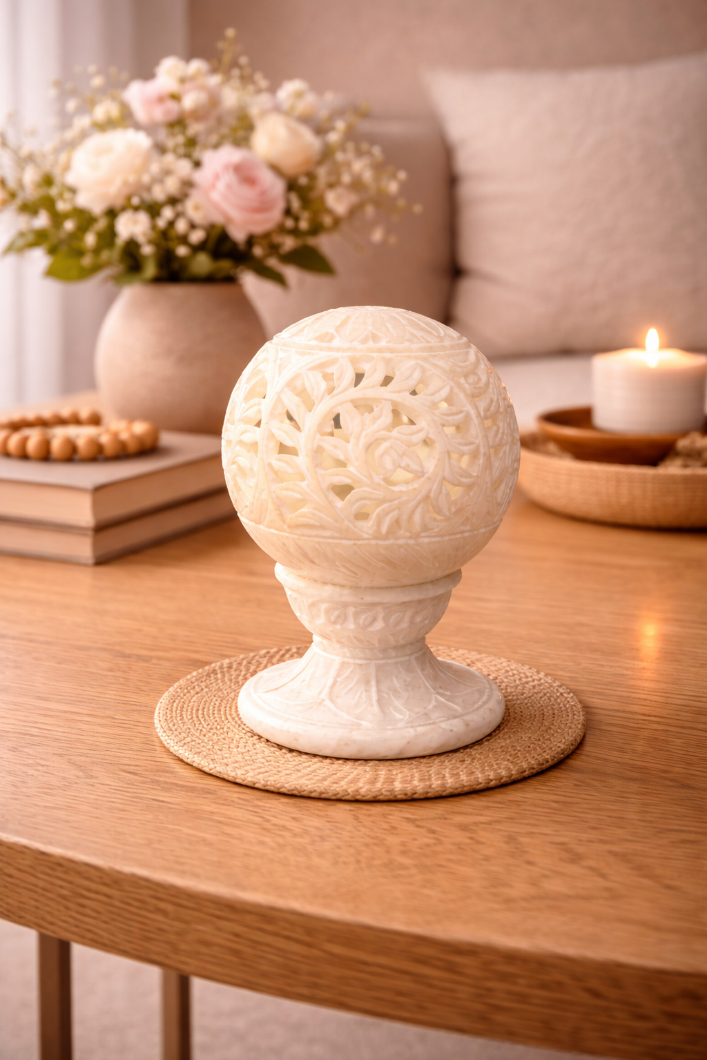 Decorative carved marble candle holder placed on marble coffee table