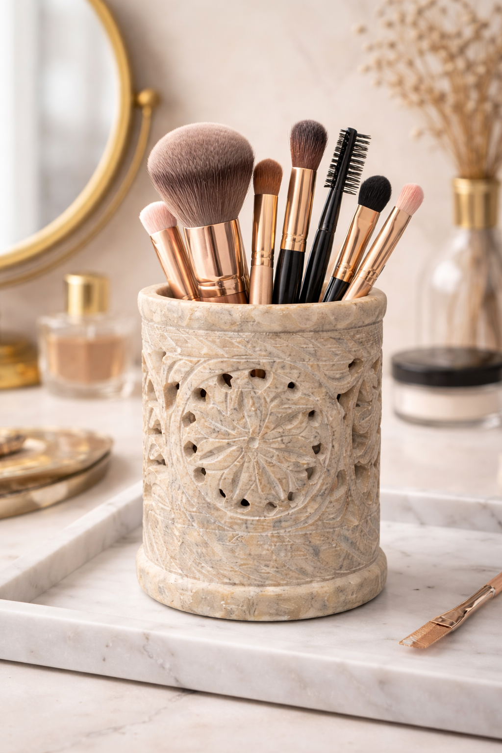 Natural stone soapstone holder for makeup brushes on vanity table
