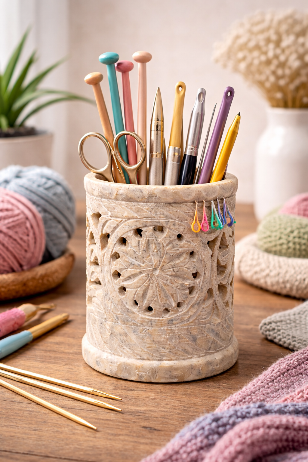 Soapstone floral decorative stand used to hold stationery items on desk