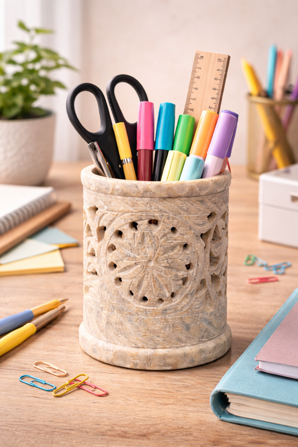 Hand-carved floral soapstone decorative stand used as a pen holder on a desk