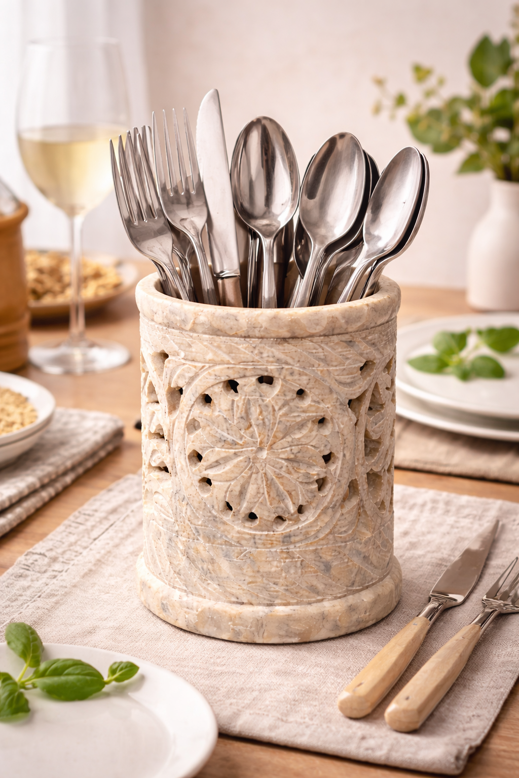 Soapstone floral cutlery holder for table decor in New Zealand