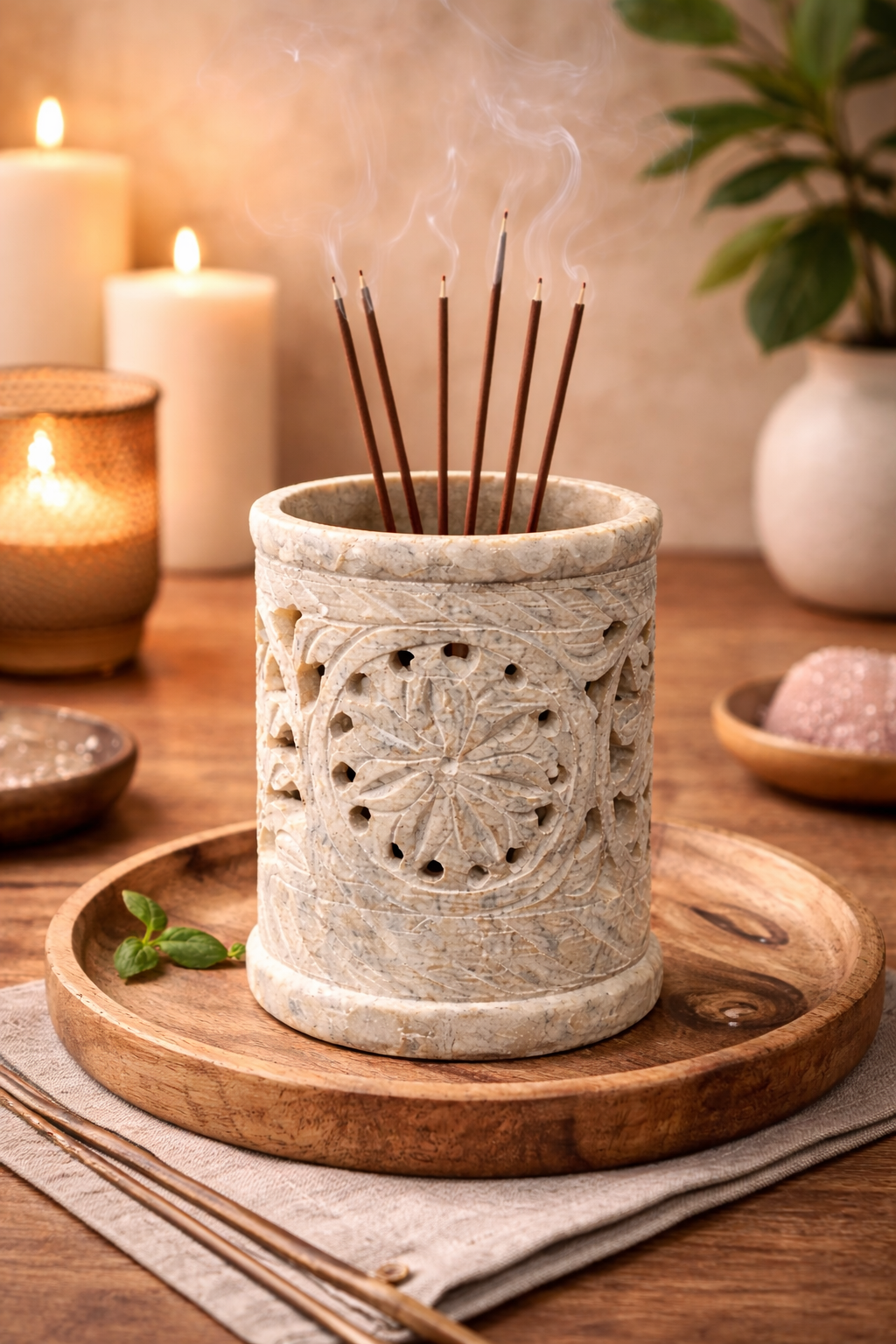 Natural soapstone incense holder with floral carving for home decor