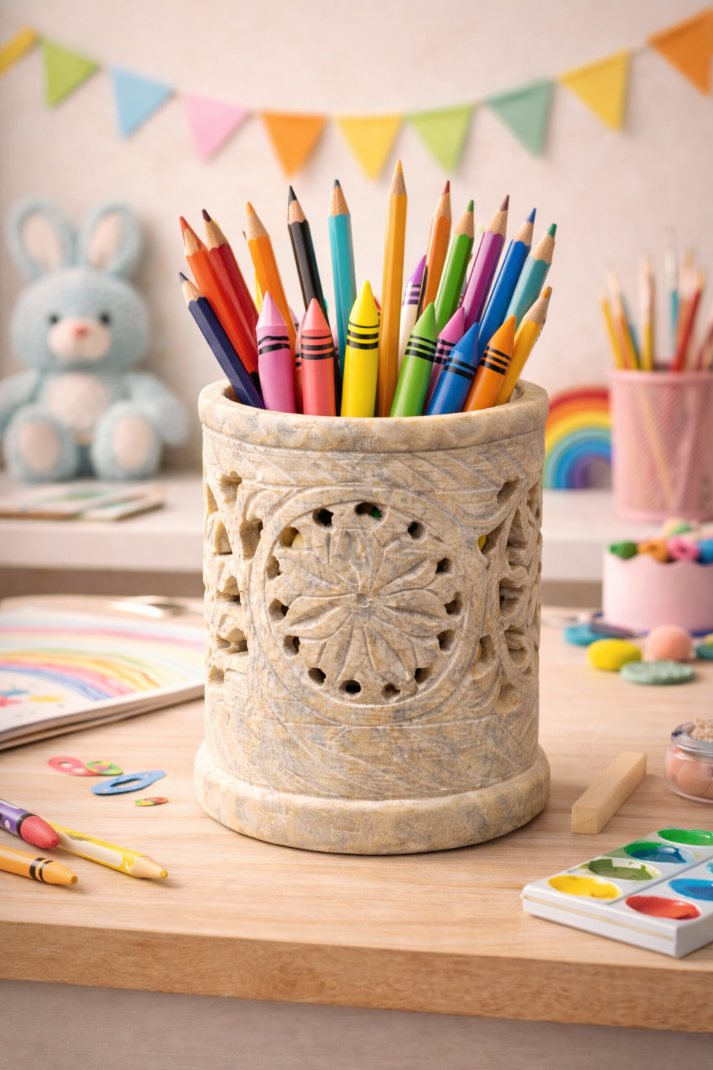 Hand-carved soapstone pencil holder for kids study desk decor
