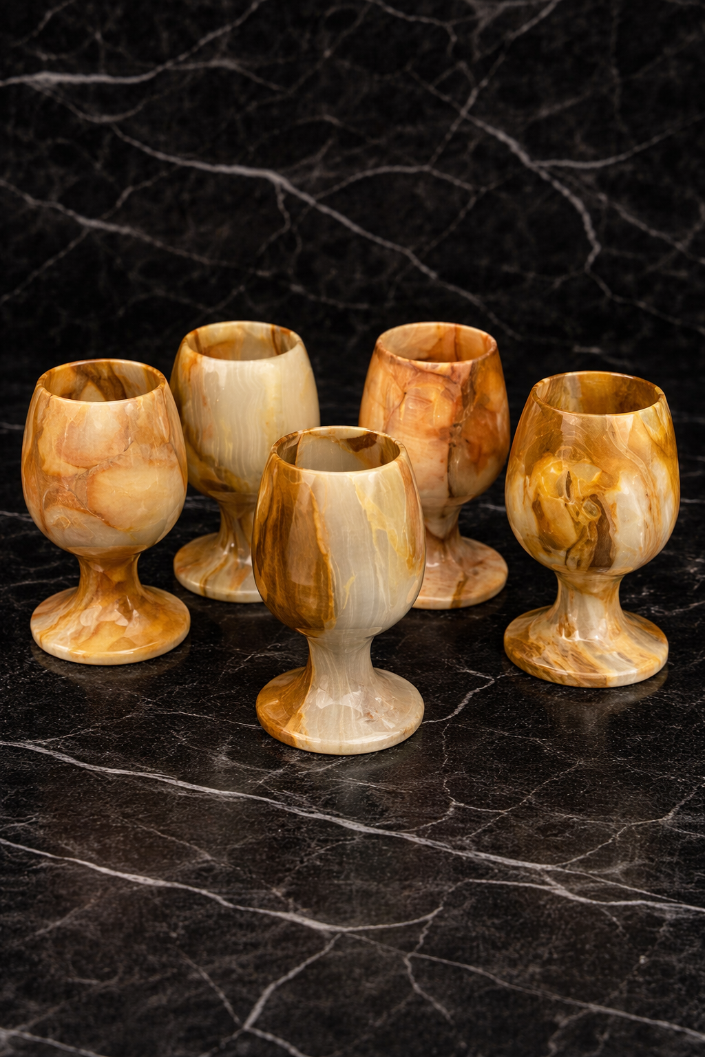 Stone onyx wine goblets with unique natural veining
