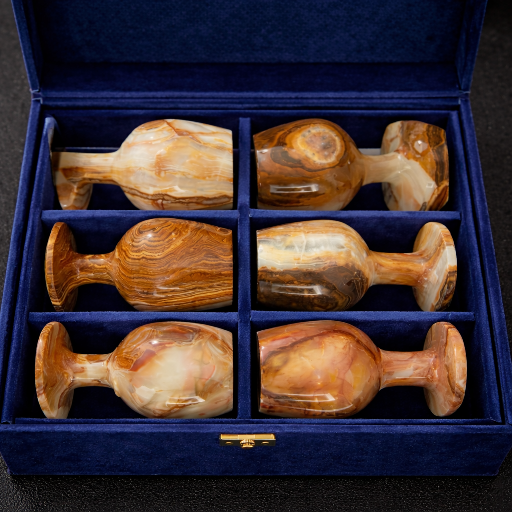 Luxury onyx wine goblets presented in protective packaging