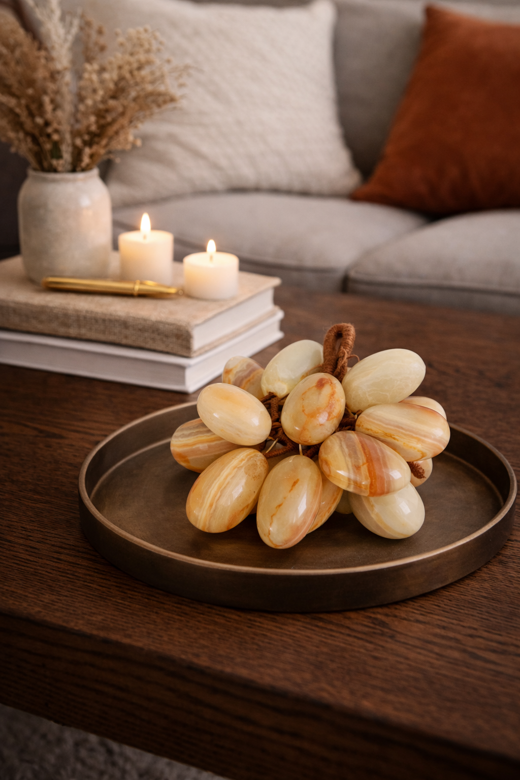Natural onyx grapes decorative cluster styled in tray