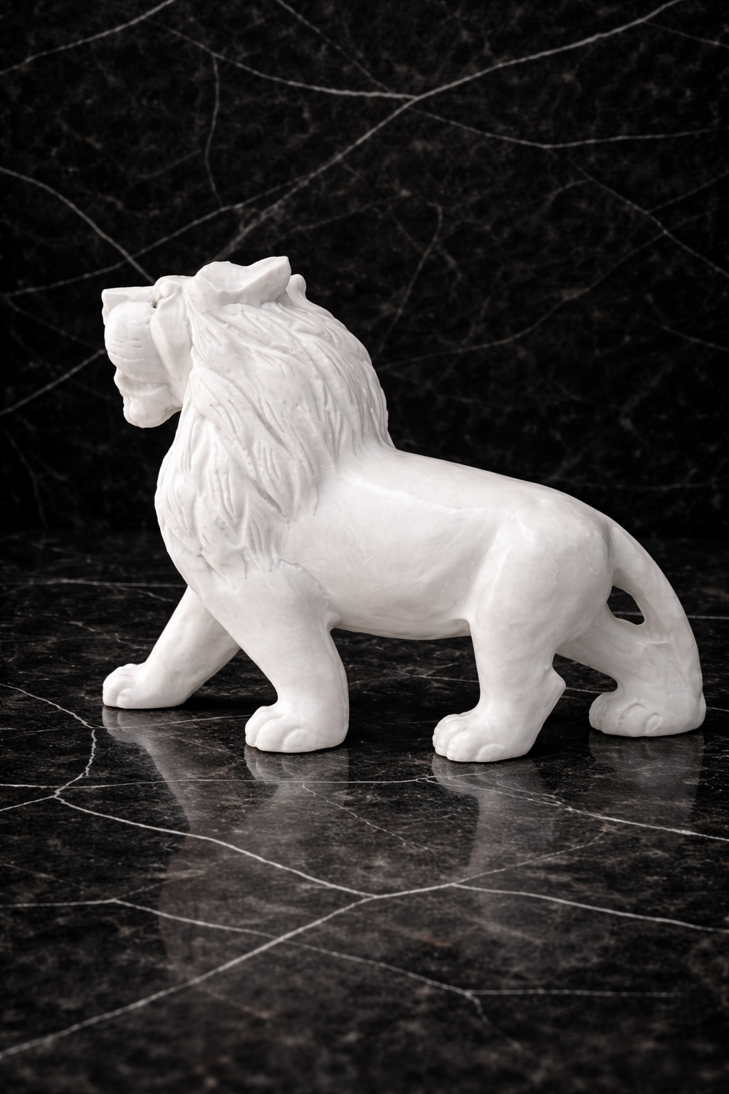 Luxury white marble lion statue with detailed mane carving on dark marble background