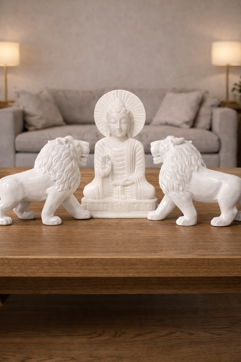 Premium marble lion sculptures styled as statement console table décor