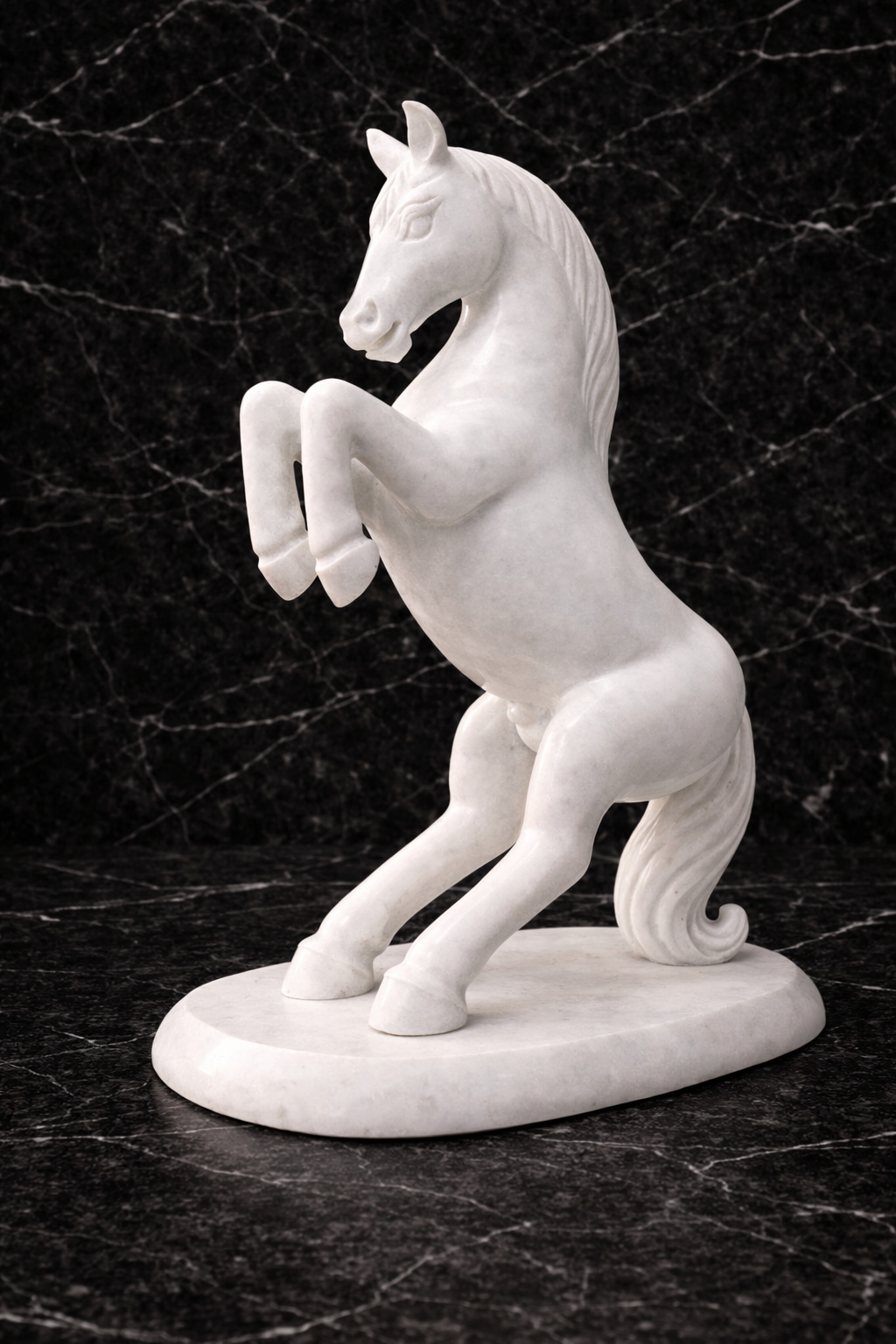 Elegant natural marble rearing horse sculpture displayed on dark marble surface
