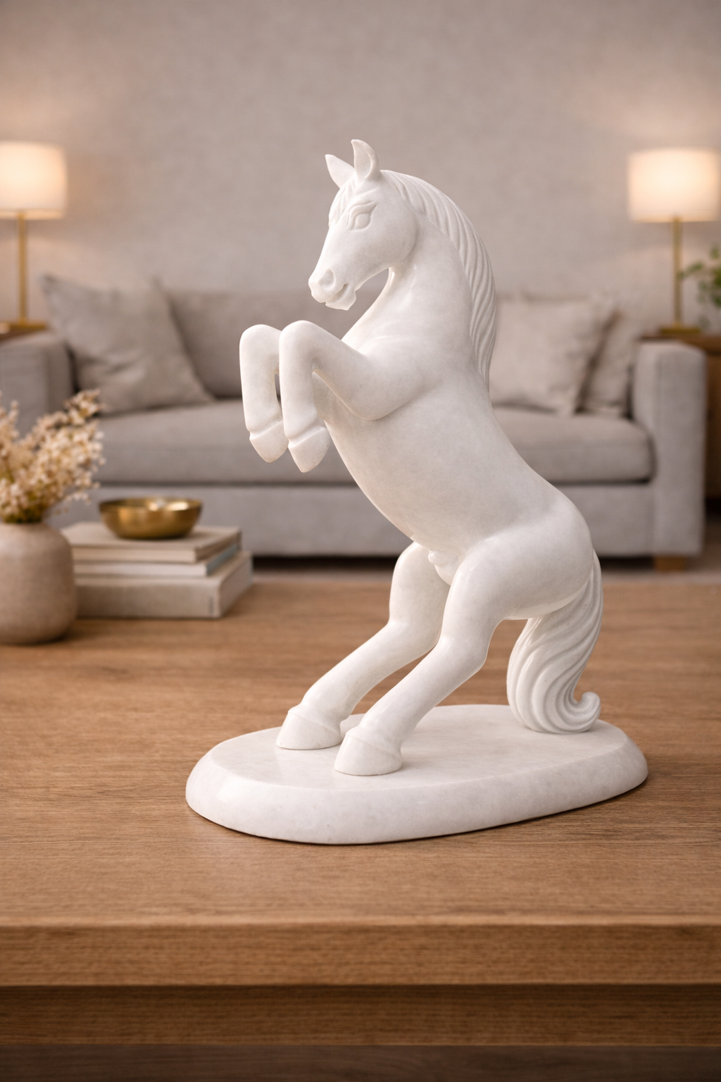 Elegant white marble horse statue displayed in living room table