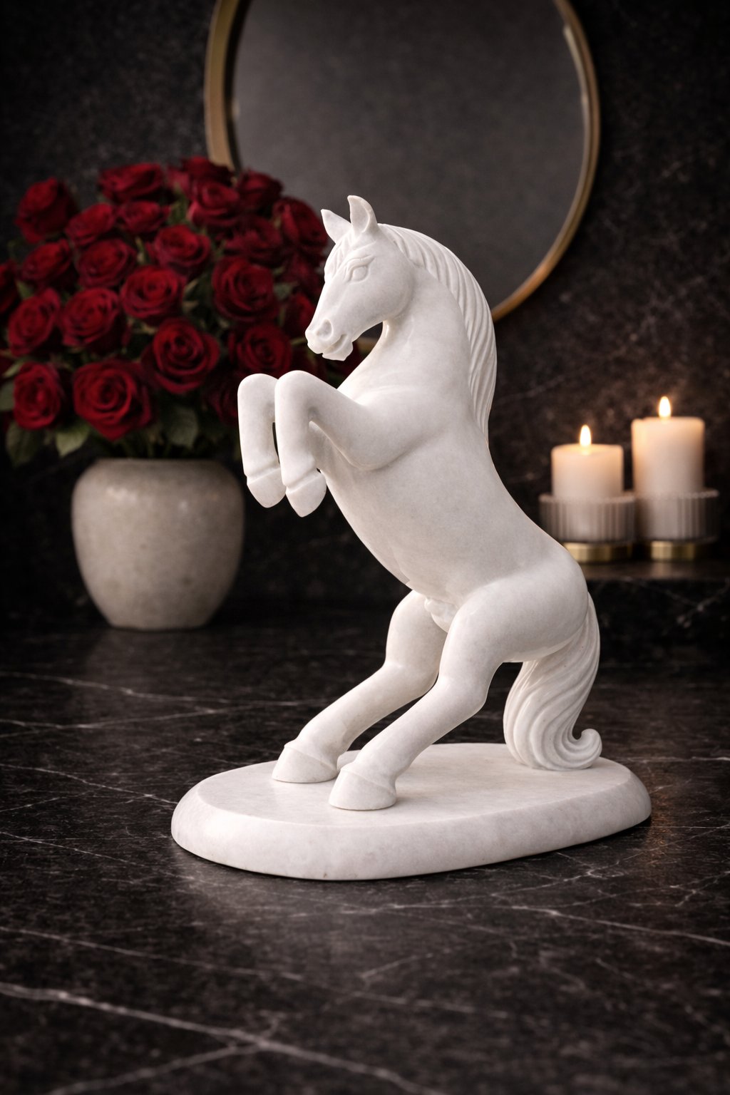 Hand-carved white marble rearing horse sculpture on marble base with candles and red roses