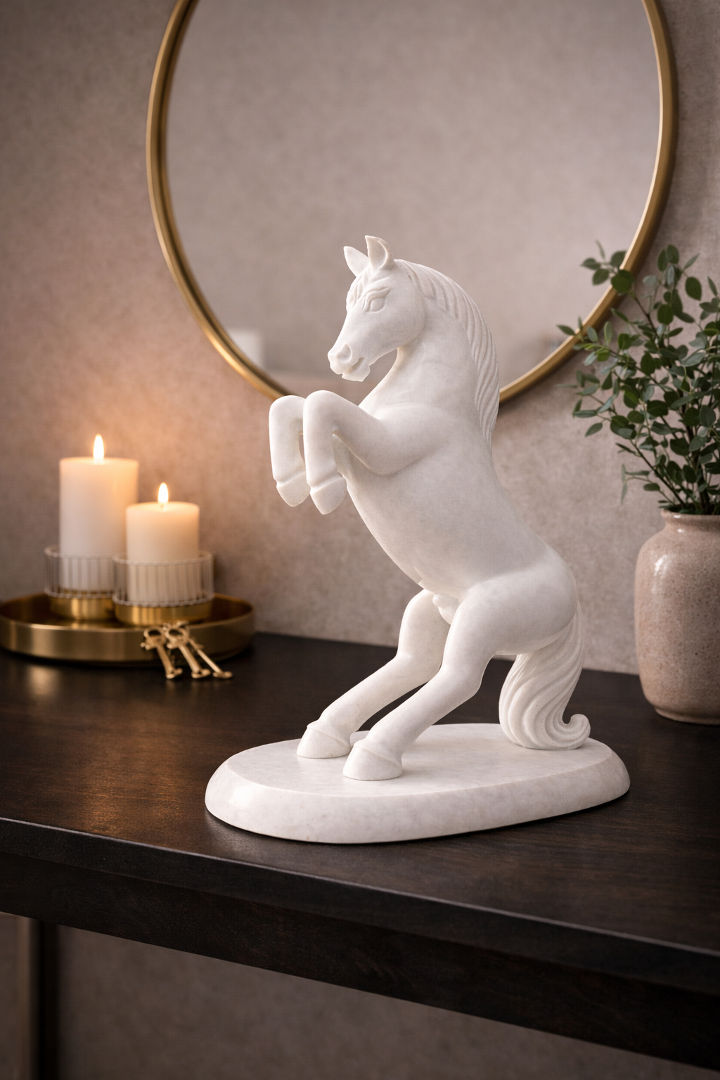 Premium marble horse statue on wooden console table with mirror and candles