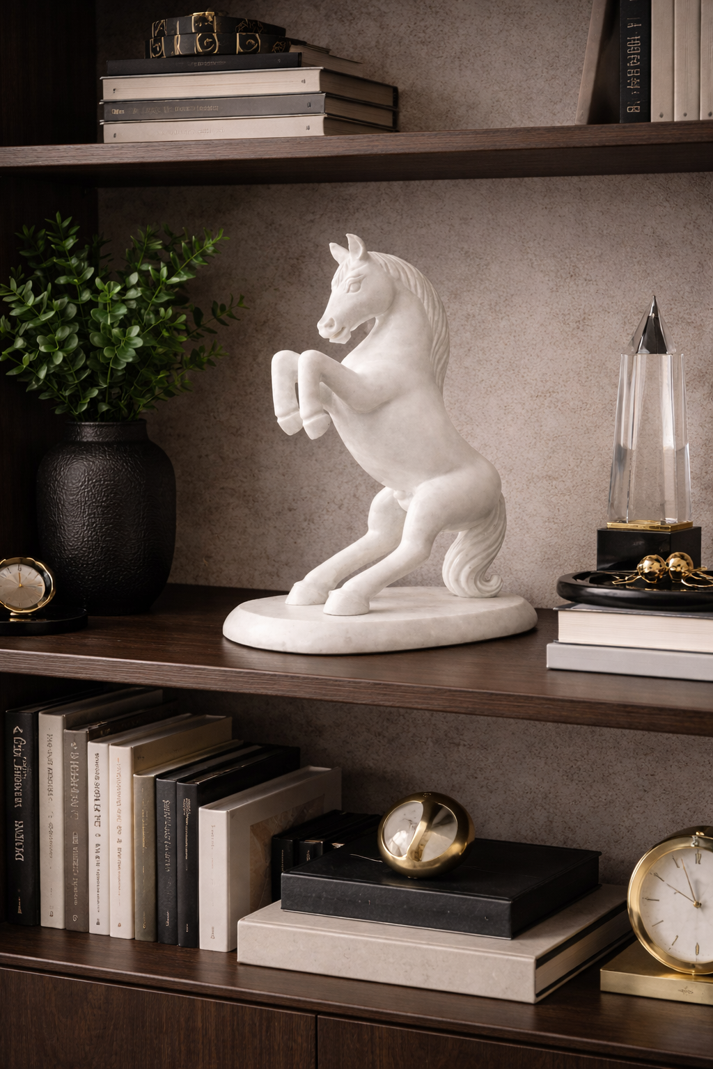 Decorative marble rearing horse sculpture styled on bookshelf decorative accent