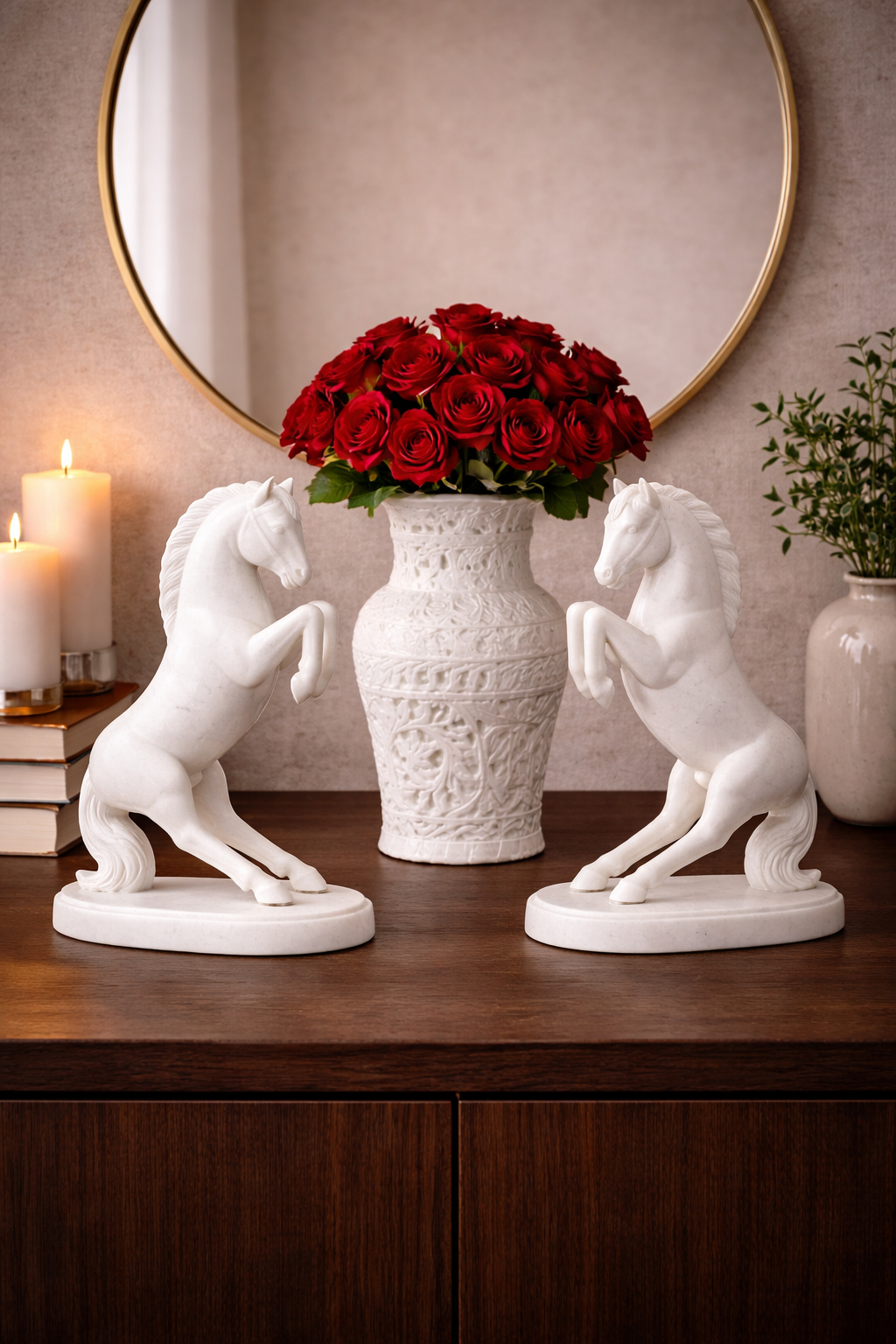 Pair of hand-carved white marble rearing horse sculptures on console table with red roses and mirror