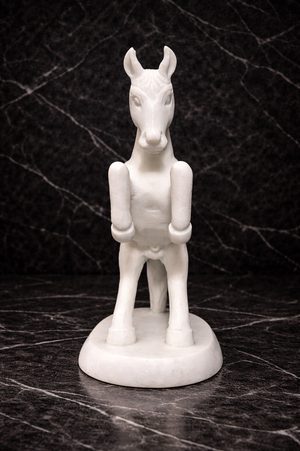 Front view of Hand-carved white marble rearing horse sculpture on marble base