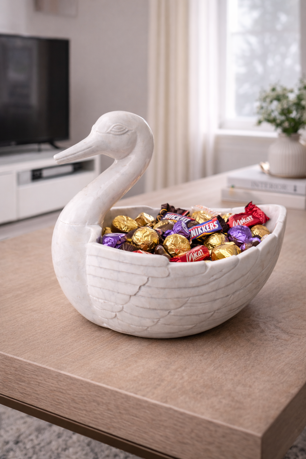 Polished white marble duck bowl used as sweet and candy serving bowl, premium home décor NZ