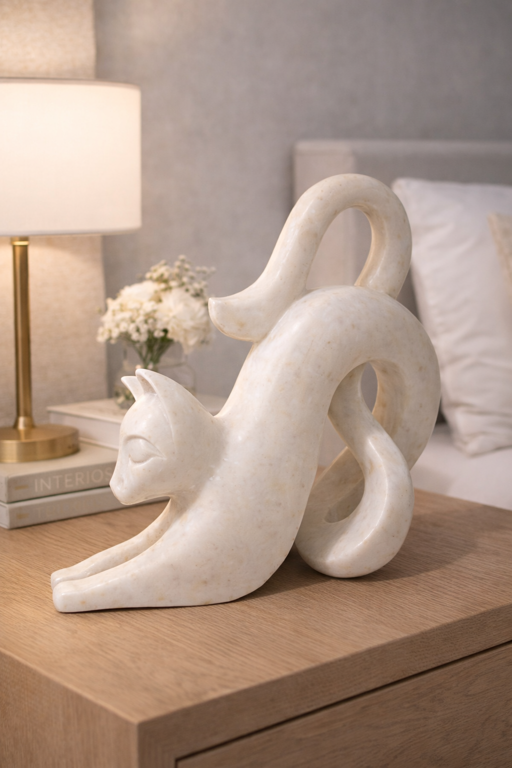 White marble cat statue styled on bedside table, elegant bedroom décor accent NZ