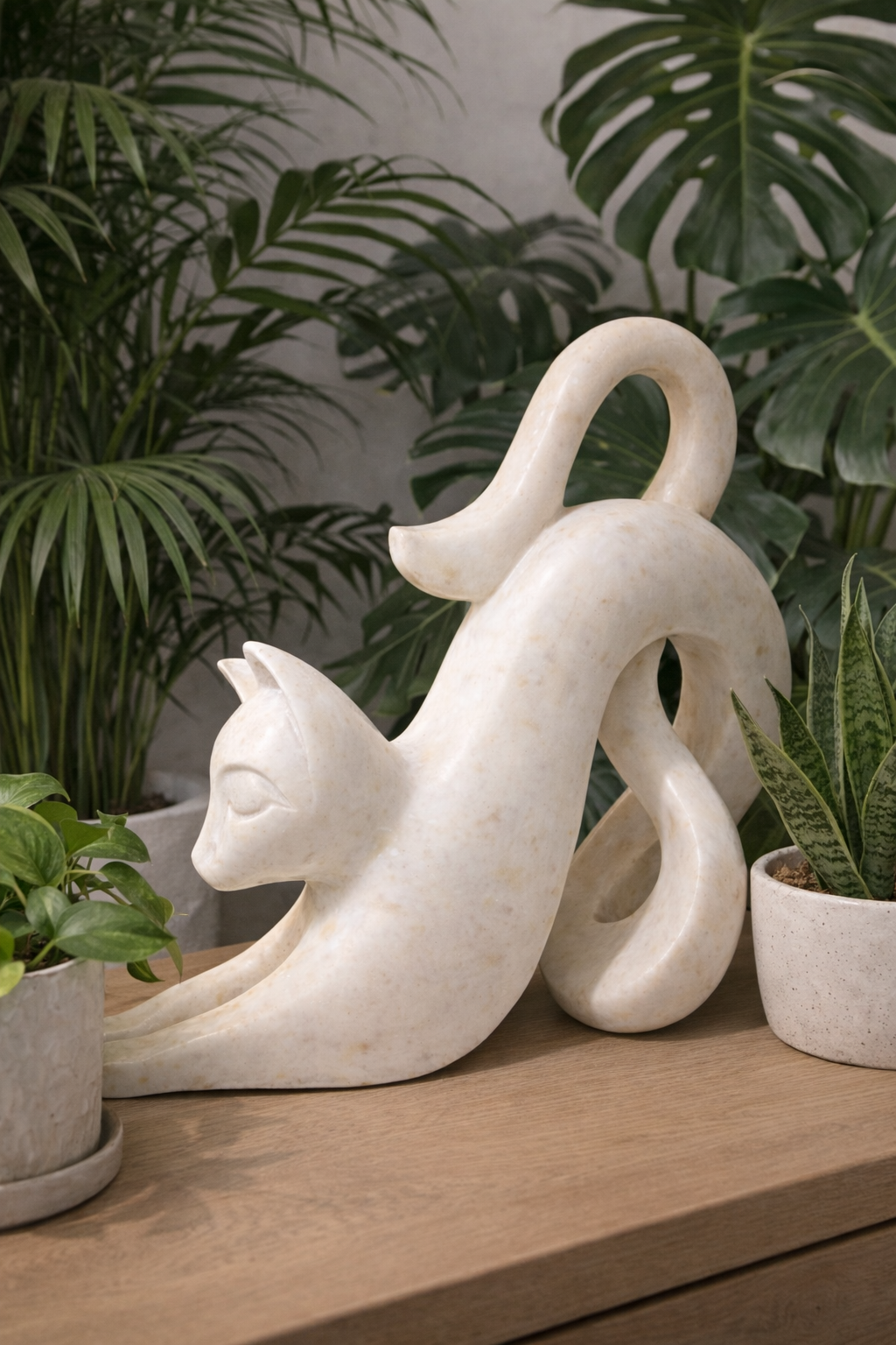 Hand-carved marble cat sculpture styled with indoor plants, modern natural stone décor NZ
