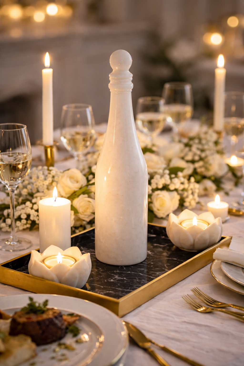White marble wine bottle decor styled on dining table– luxury stone centrepiece NZ
