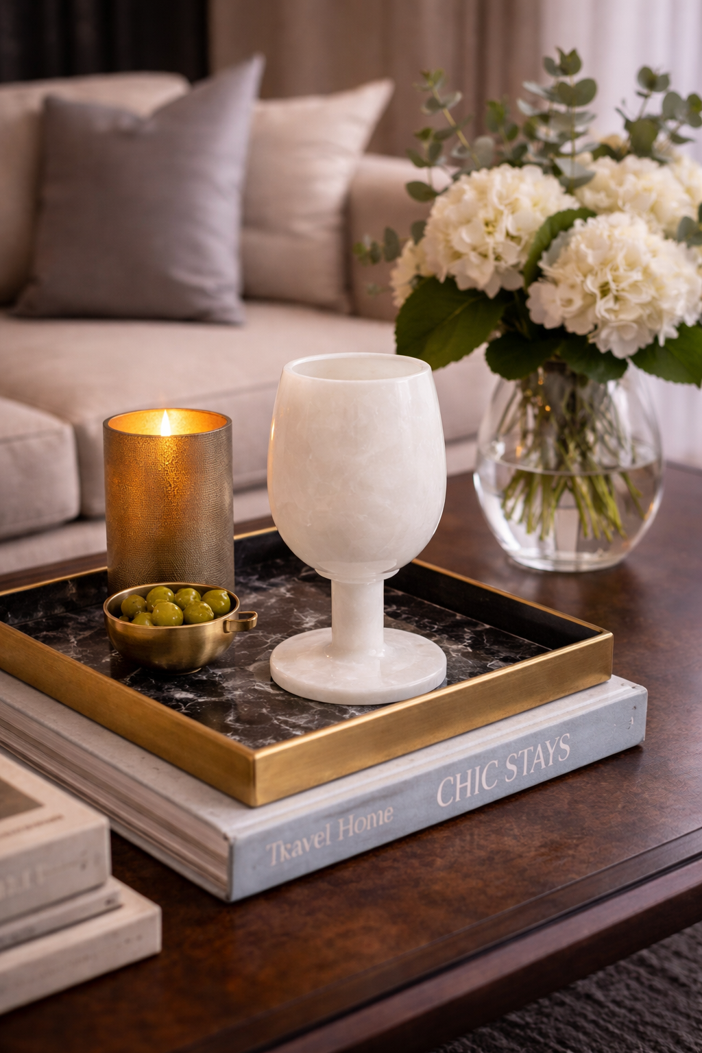 White marble wine glass centrepiece on living room coffee table – luxury decor NZ