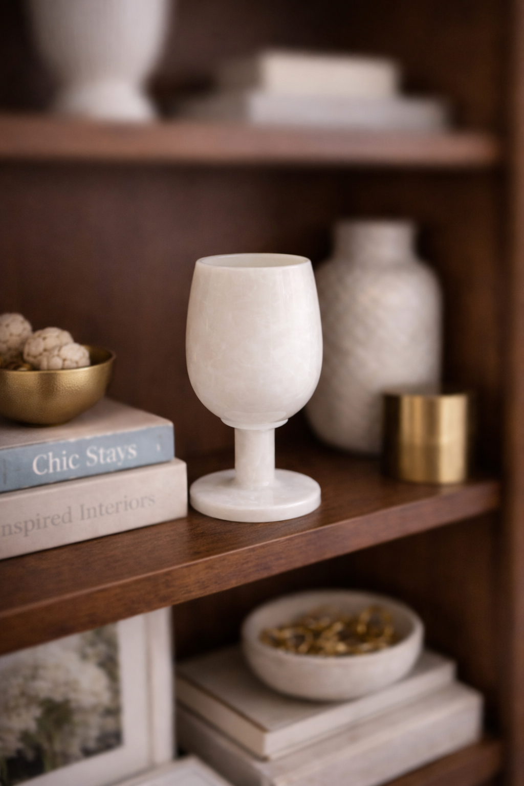Marble goblet sculpture on decor shelf – luxury home styling NZ