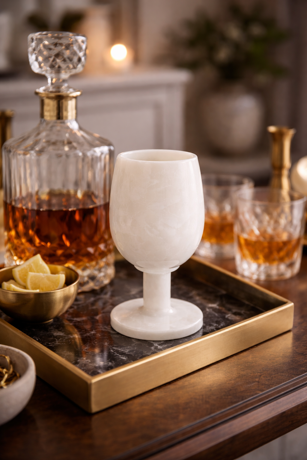 Marble wine glass ornament on bar cart with premium interior setting