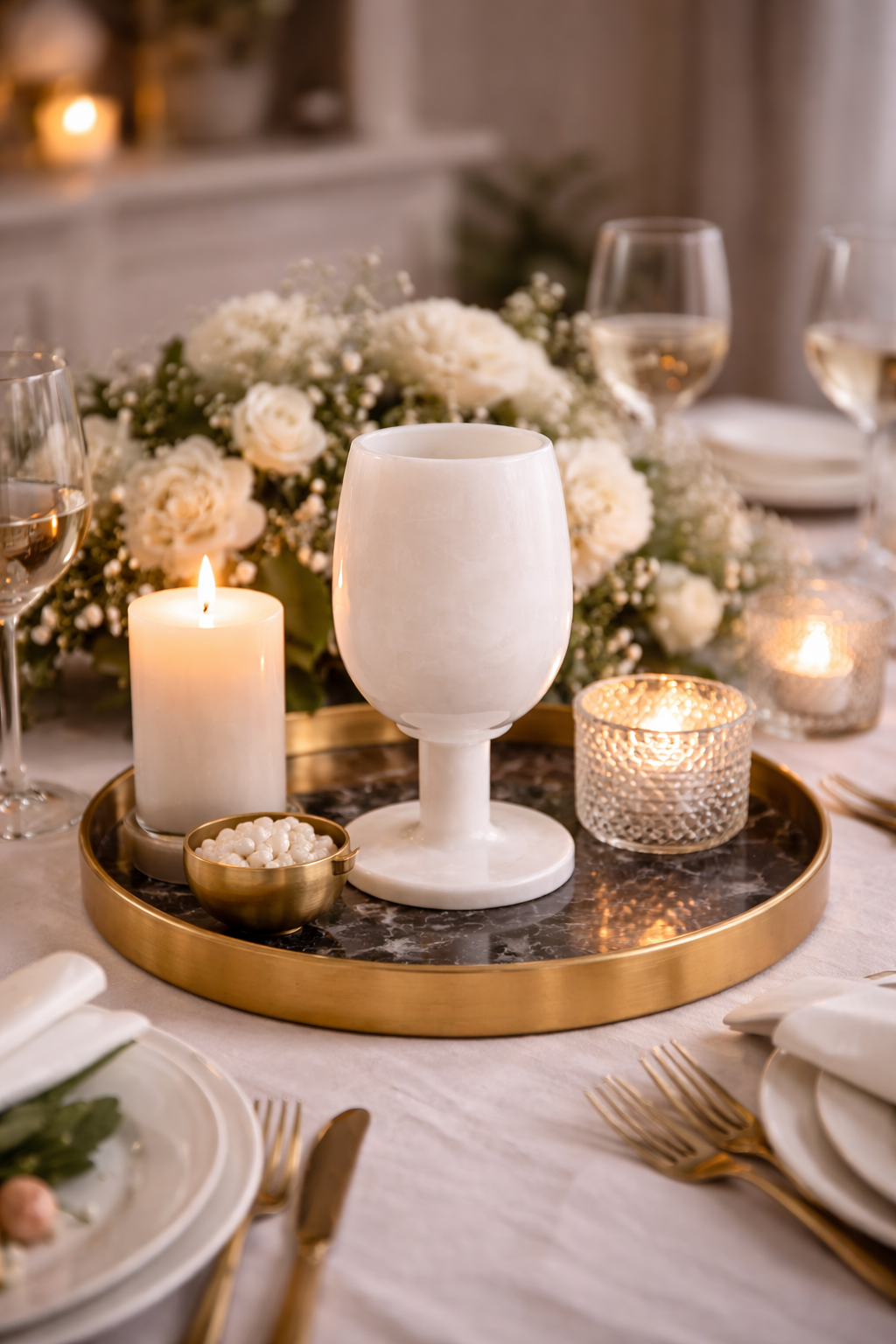 White marble wine glass decor styled as dining table centrepiece – luxury stone home decor NZ