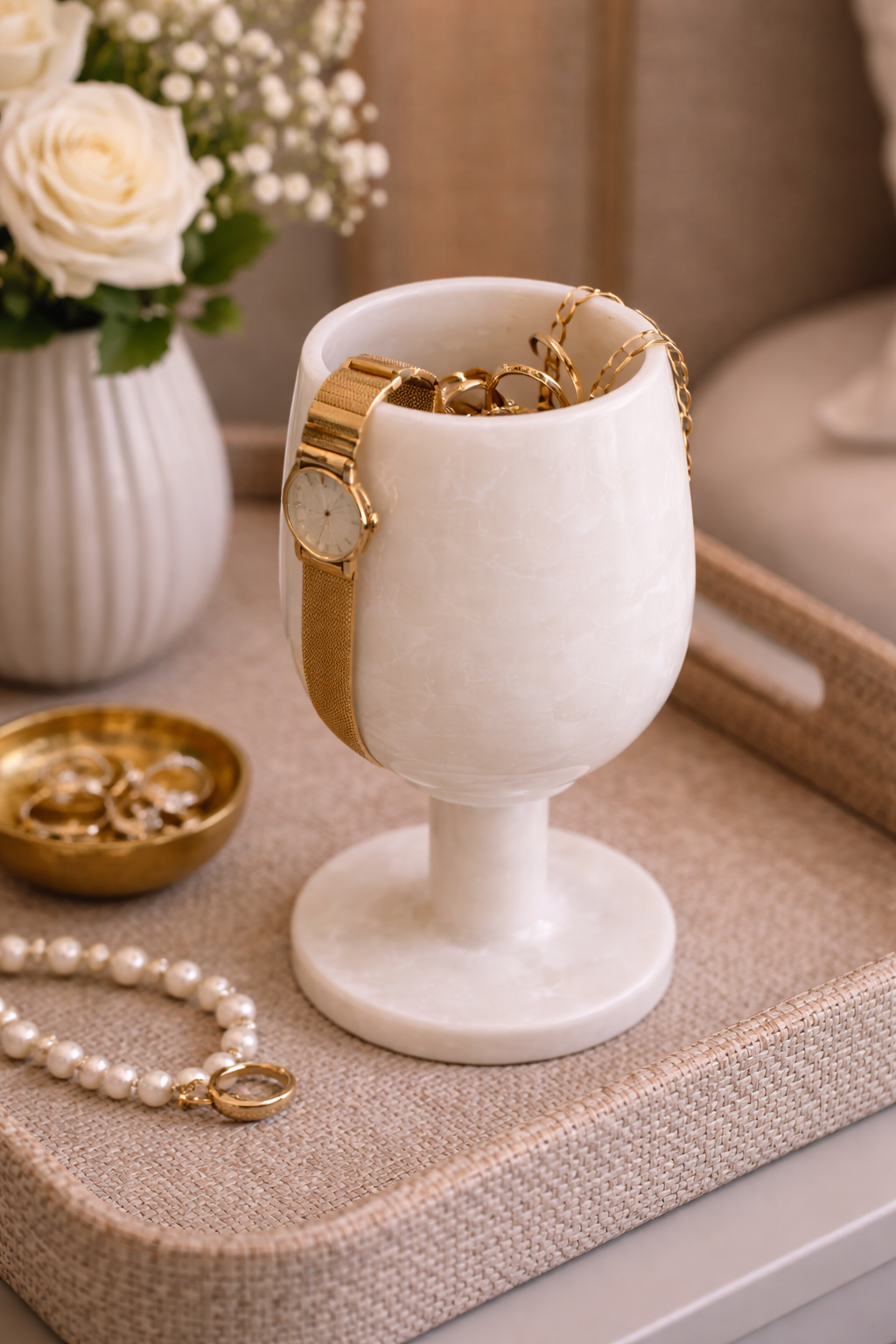 Marble wine glass decor holding jewellery on vanity table – luxury stone accent NZ