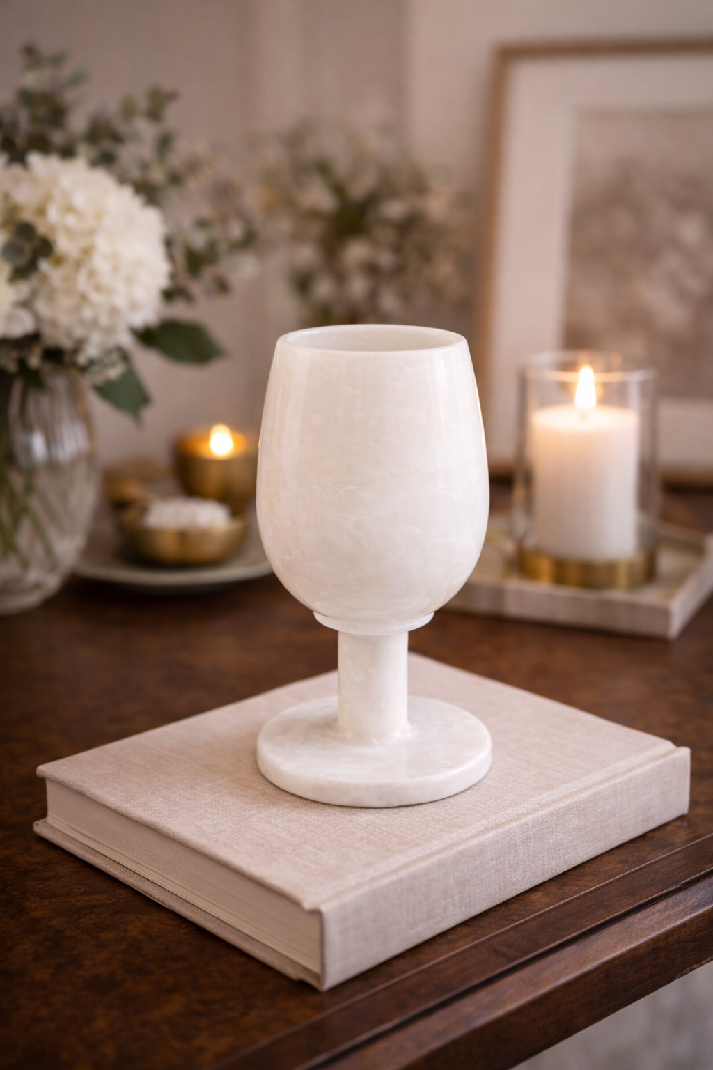 White marble wine glass decor displayed on wooden table – natural stone styling accent NZ