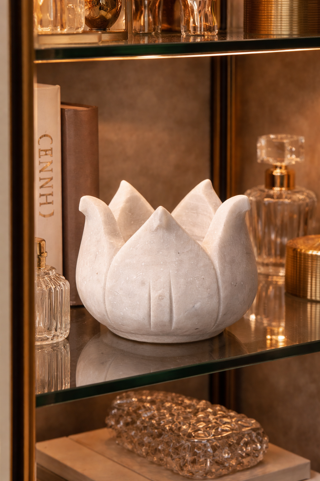 Marble lotus decorative bowl styled as shelf decor in modern home