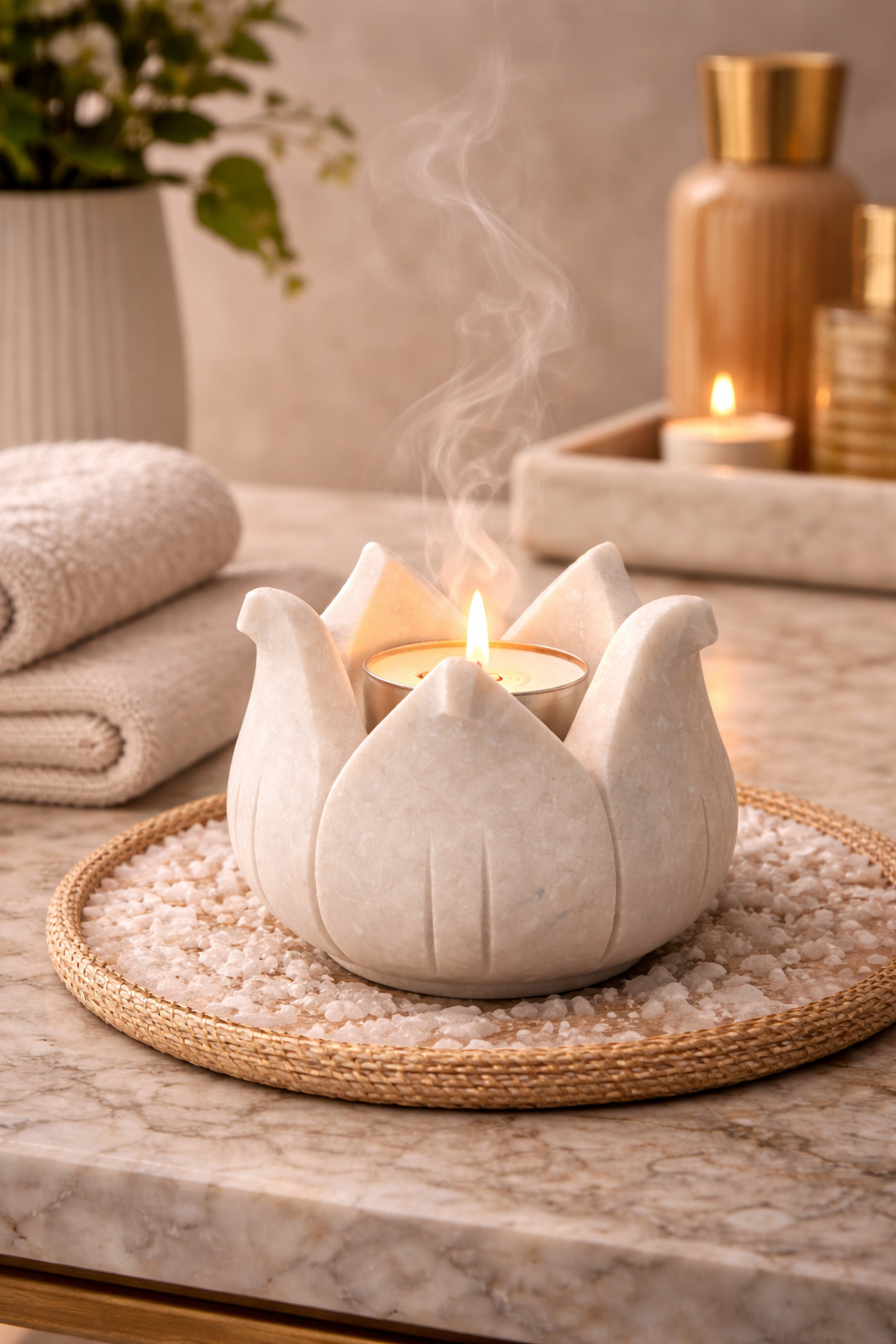 Hand-carved marble lotus bowl for meditation and spiritual decor
