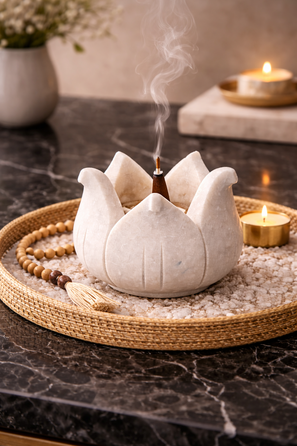 Marble lotus bowl used as an incense holder for cones and sticks