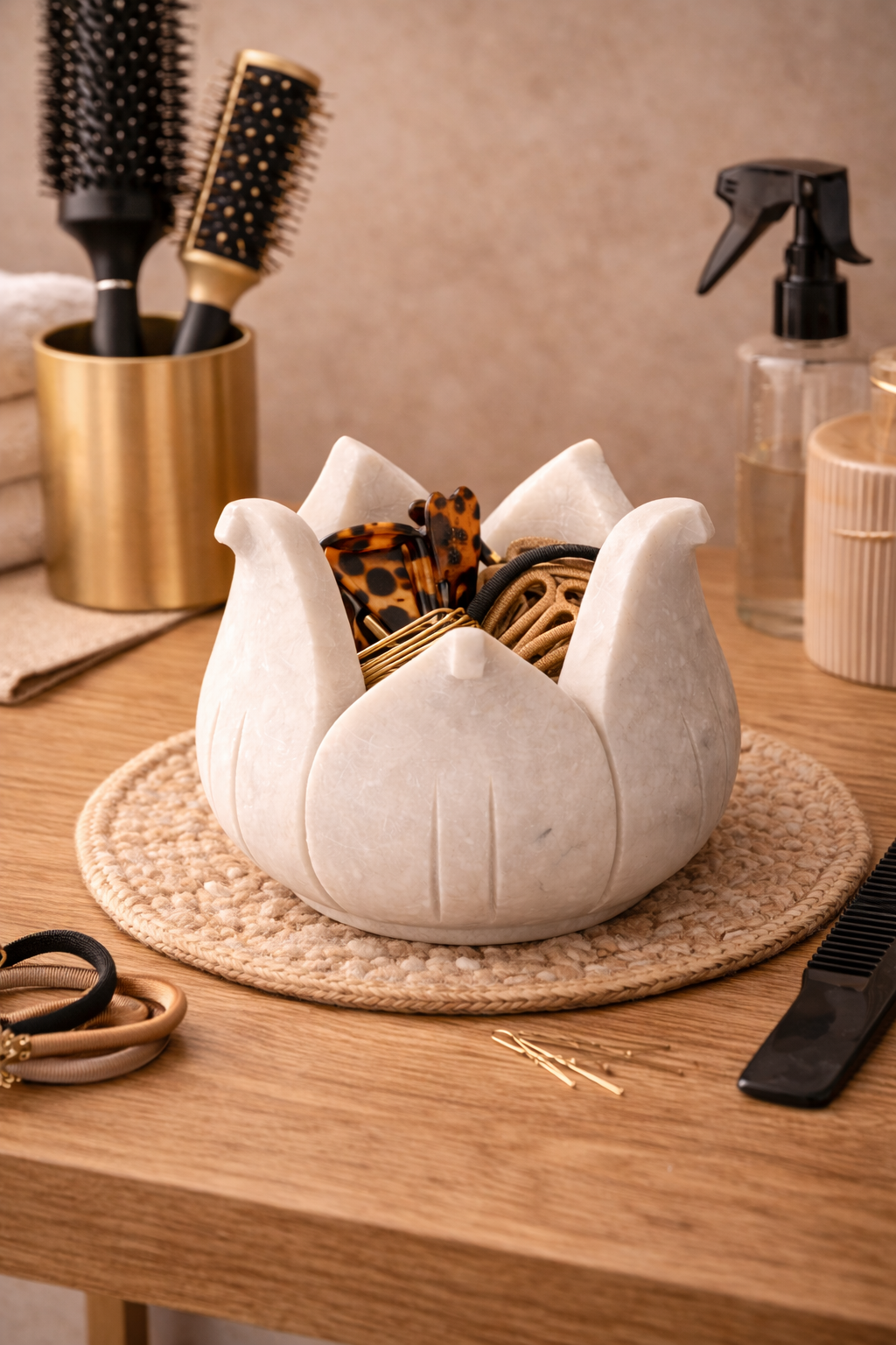 Luxury marble lotus trinket bowl for hair ties and small accessories