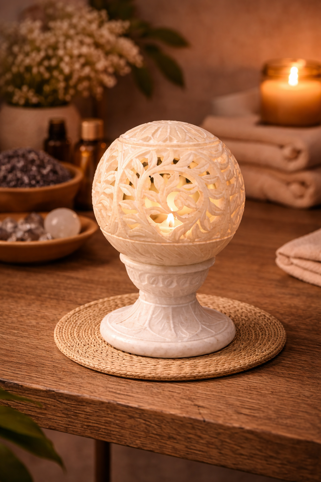 Hand-carved white marble floral tealight holder glowing on wooden table with spa décor