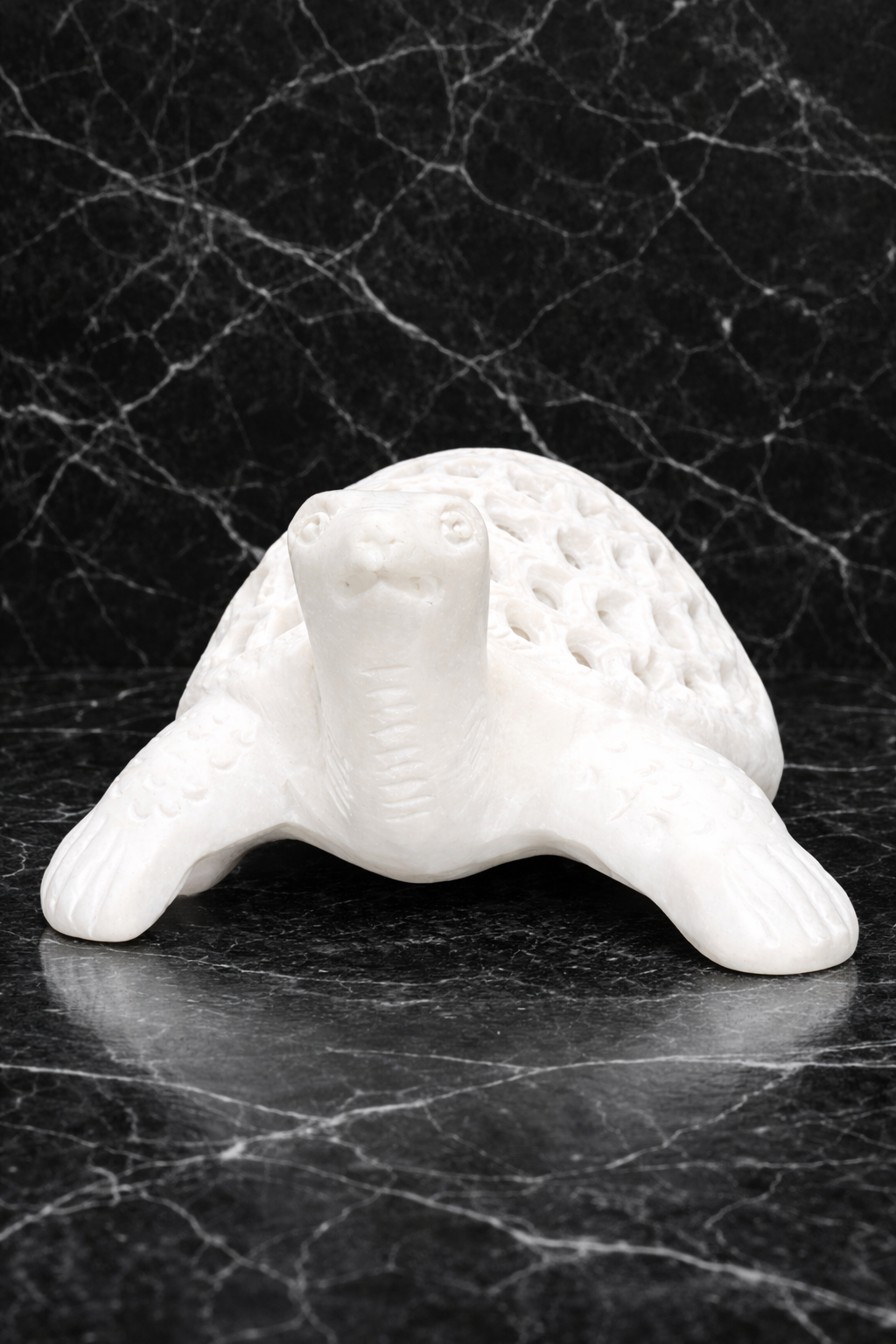 front view of Luxury marble turtle figurine with carved lattice shell for home décor