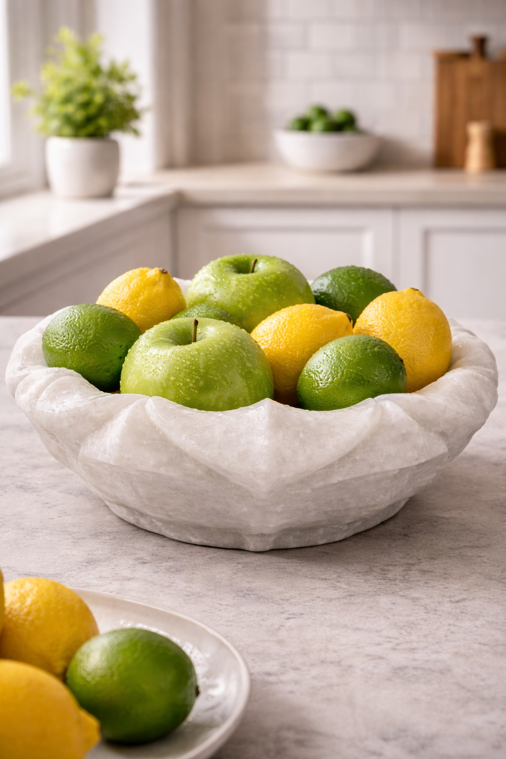 Hand-carved white marble lotus decorative bowl used as luxury fruit bowl with apples, lemons, and limes on kitchen counter