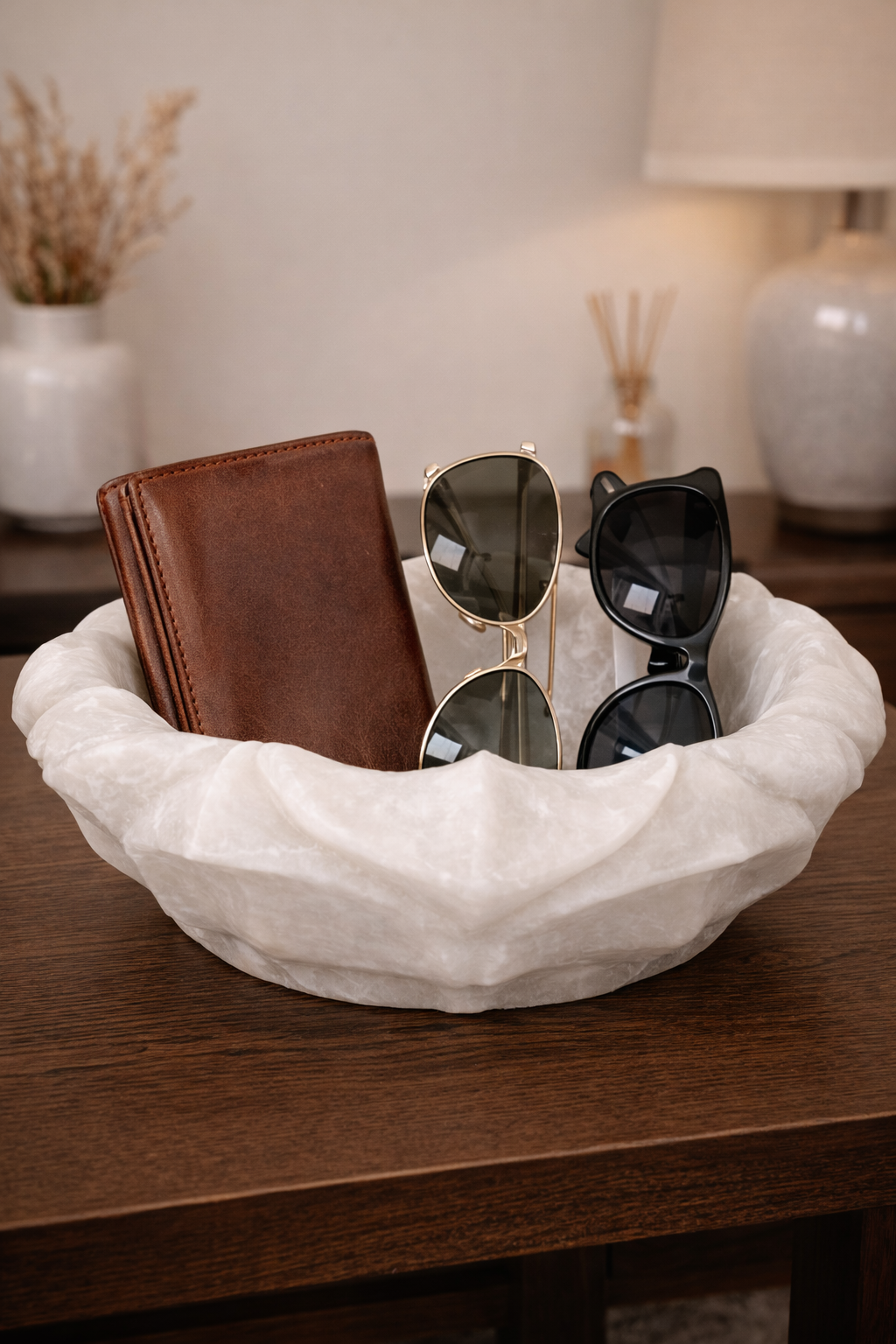 Luxury white marble lotus bowl catchall tray for keys, sunglasses, and everyday essentials
