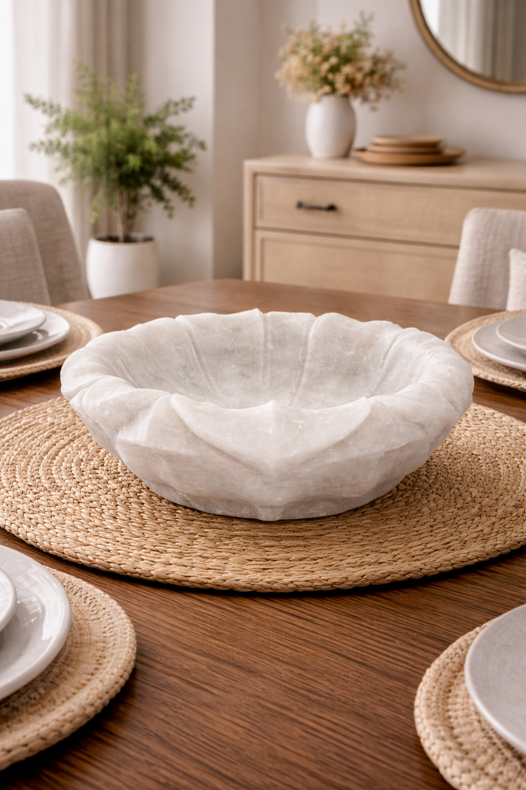 1.9 kg Handcrafted marble lotus decorative bowl placed on woven placemat dining table décor