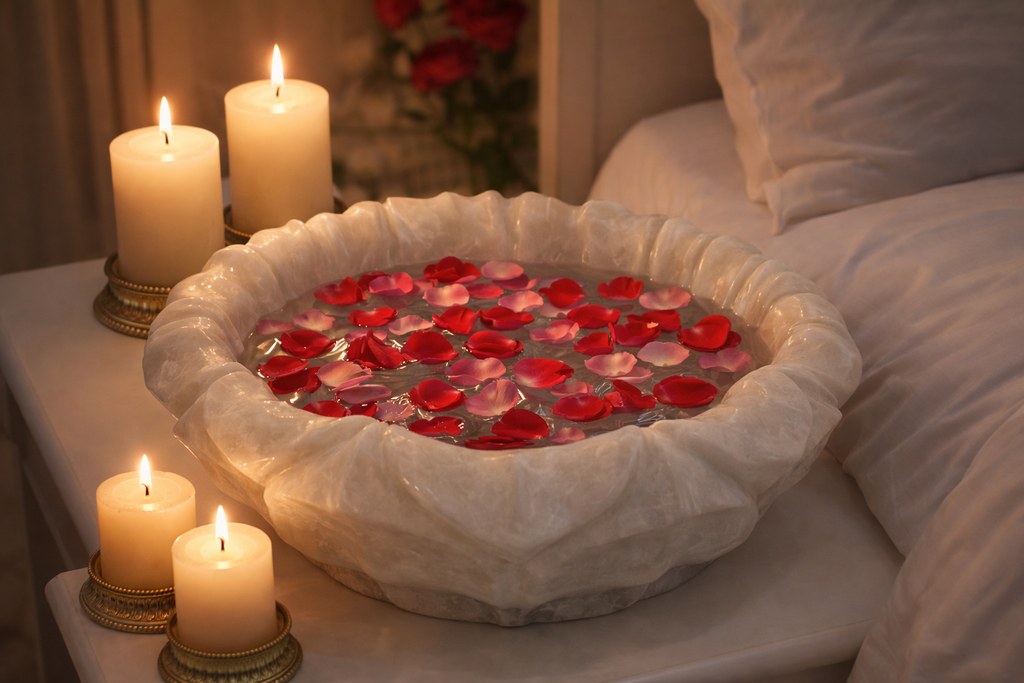 Luxury marble lotus bowl water feature with floating rose petals and candlelight dé