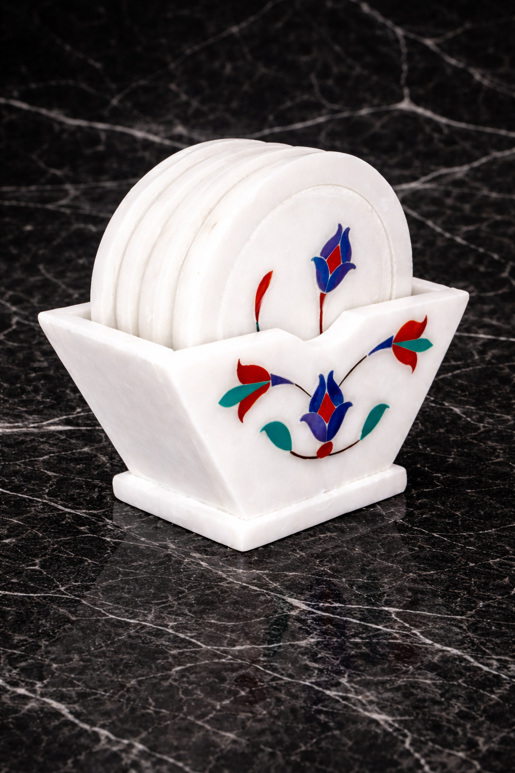 set of six white marble coasters with marble holder