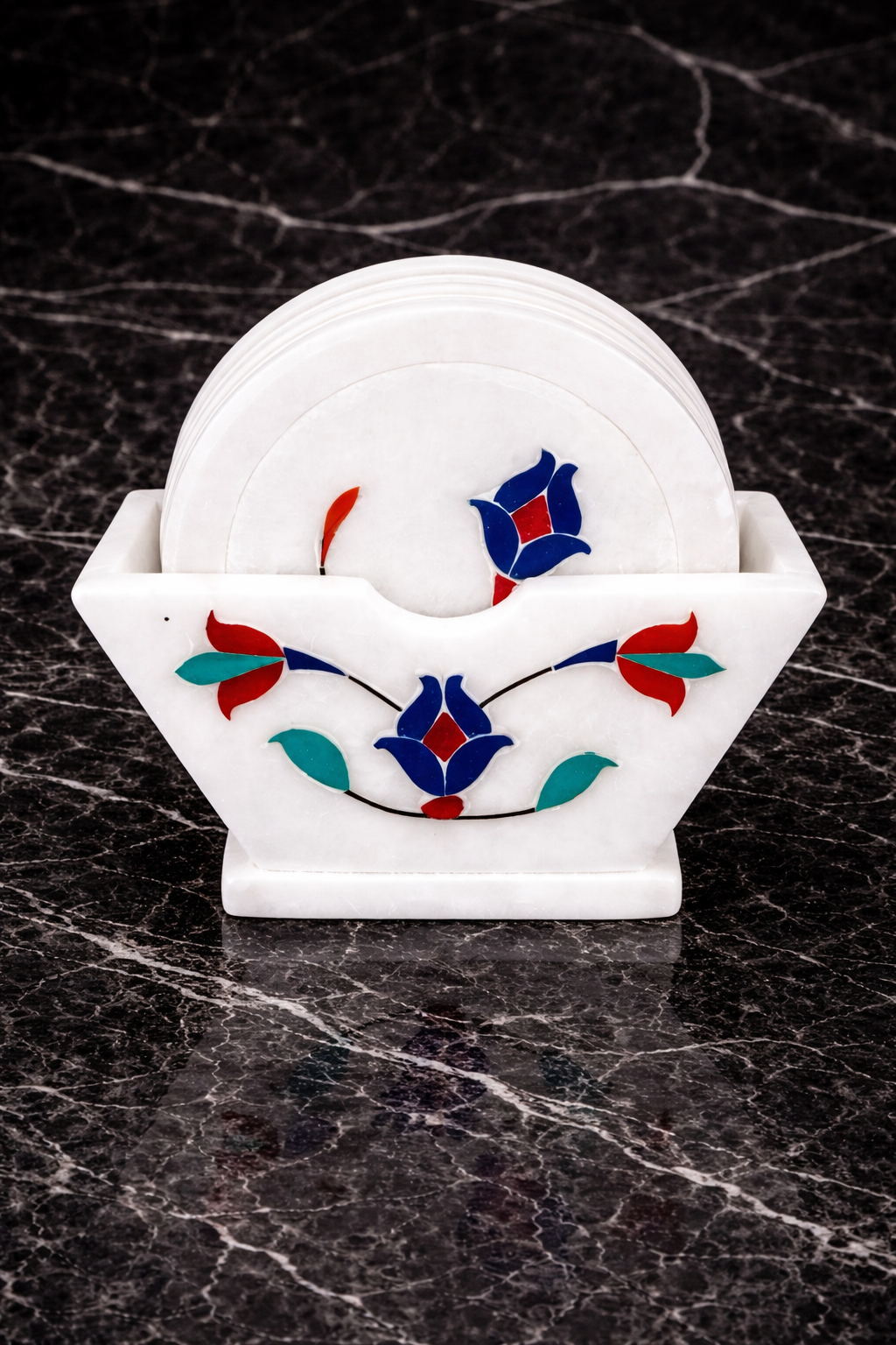 0.655 kg White marble coaster set with floral pietra dura inlay and holder – luxury marble coasters NZ