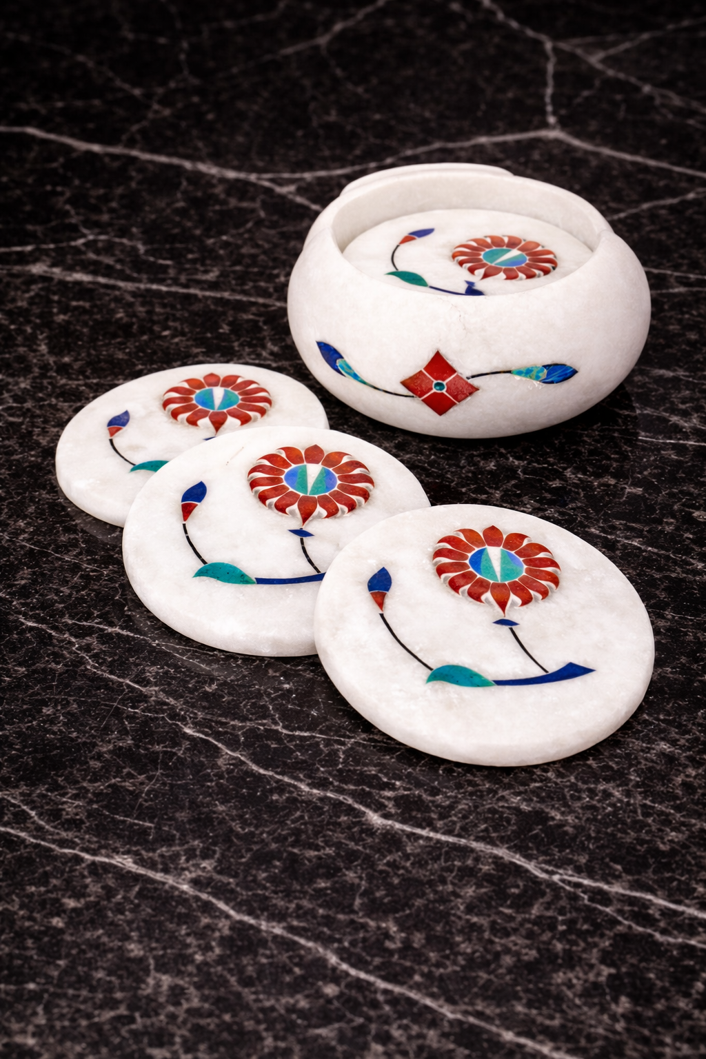 0.647 kg White marble coaster with colourful floral inlay stonework placed on dark marble surface – luxury handmade table decor