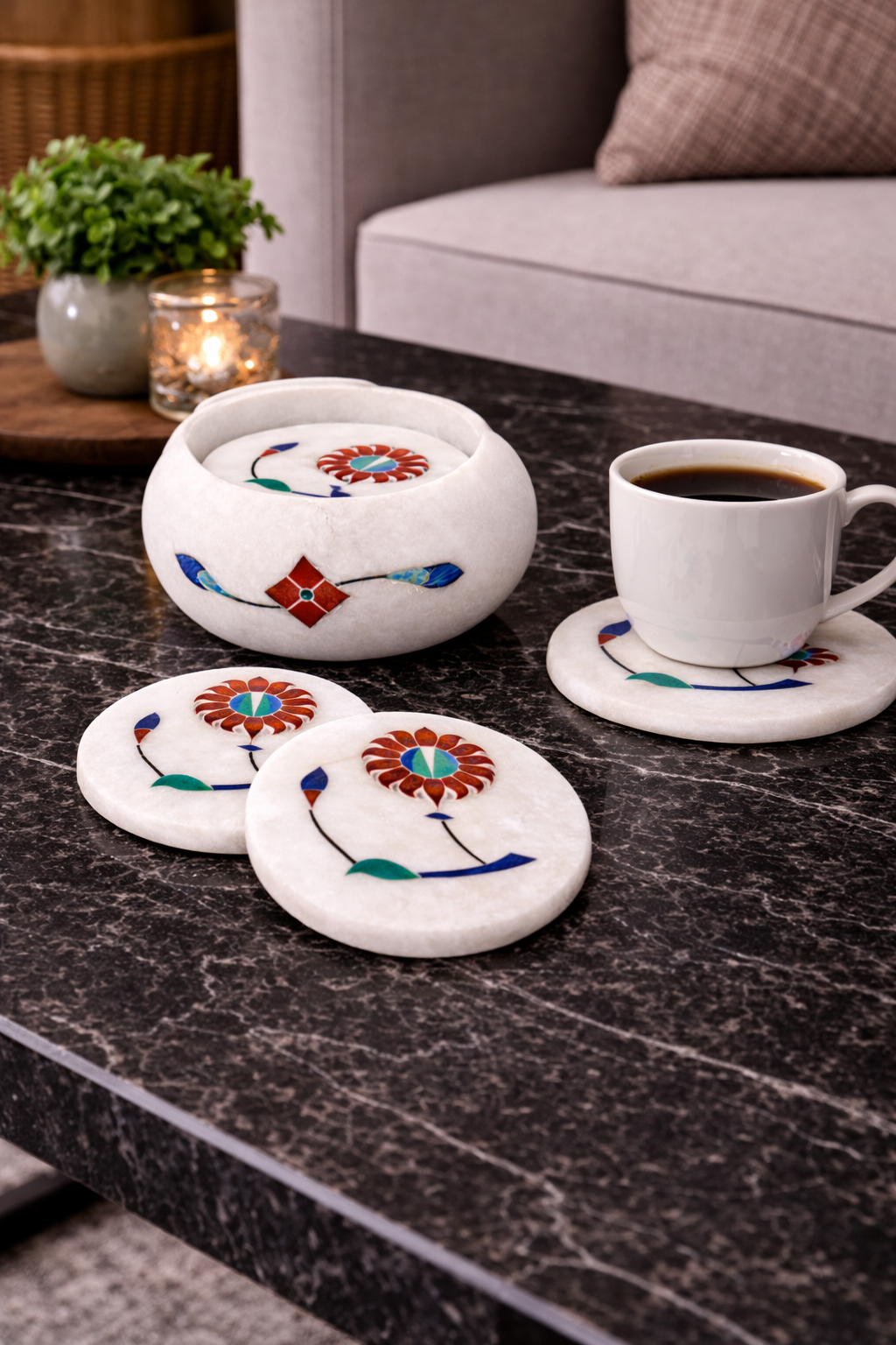 white marble coaster set with coffee cup on coffee table