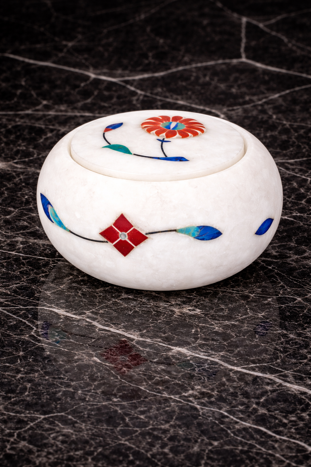Handcrafted white marble coaster with floral pietra dura inlay – luxury marble coaster set NZ