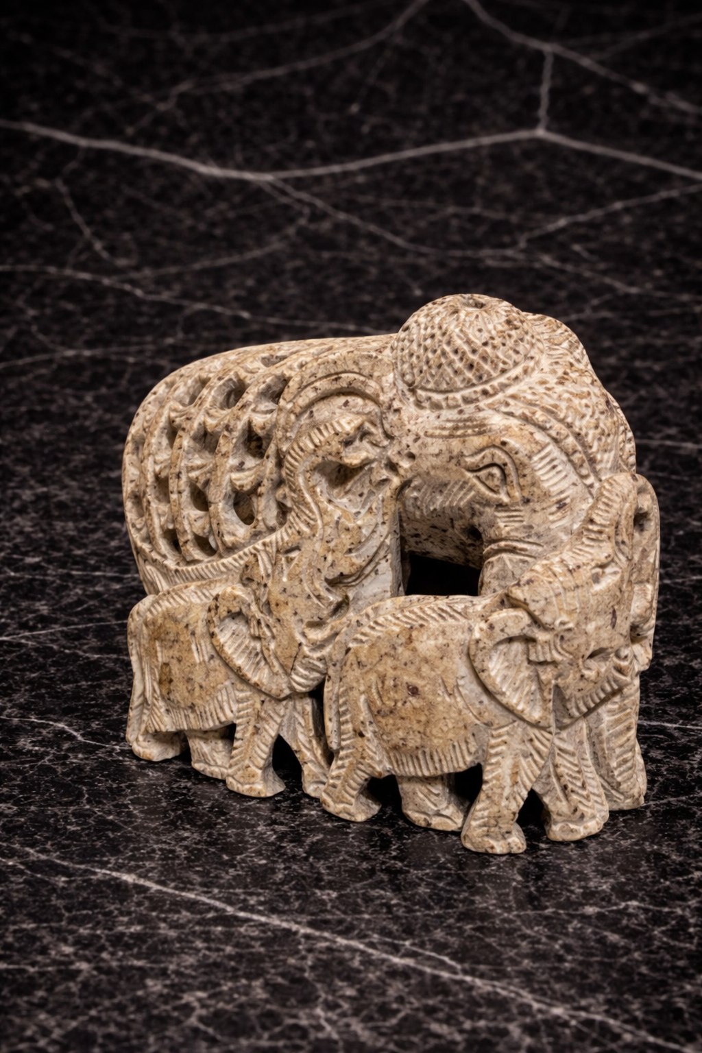 Curved soapstone elephant sculpture with detailed carvings luxury home decor